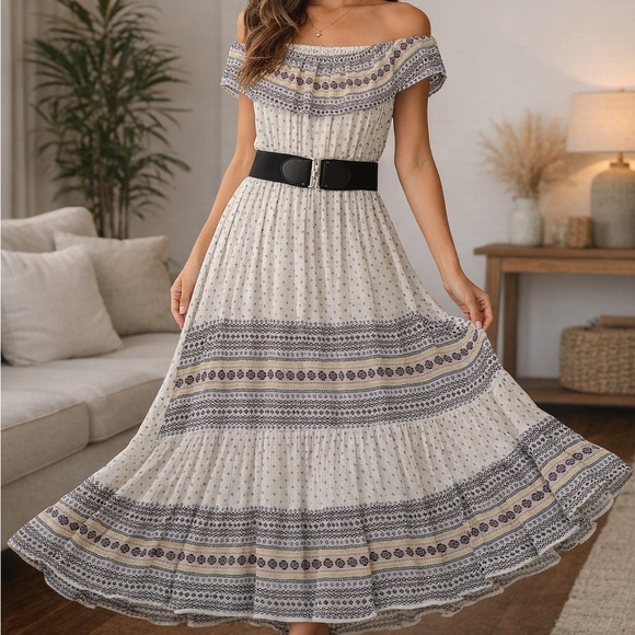 S.R. Fashion Dresses & Skirts - Off-Shoulder Bohemian Maxi Dress in Cream and Black
